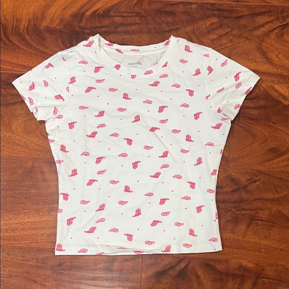 Trendy White Baby Tee with Pink Cowboy Boots & Hats